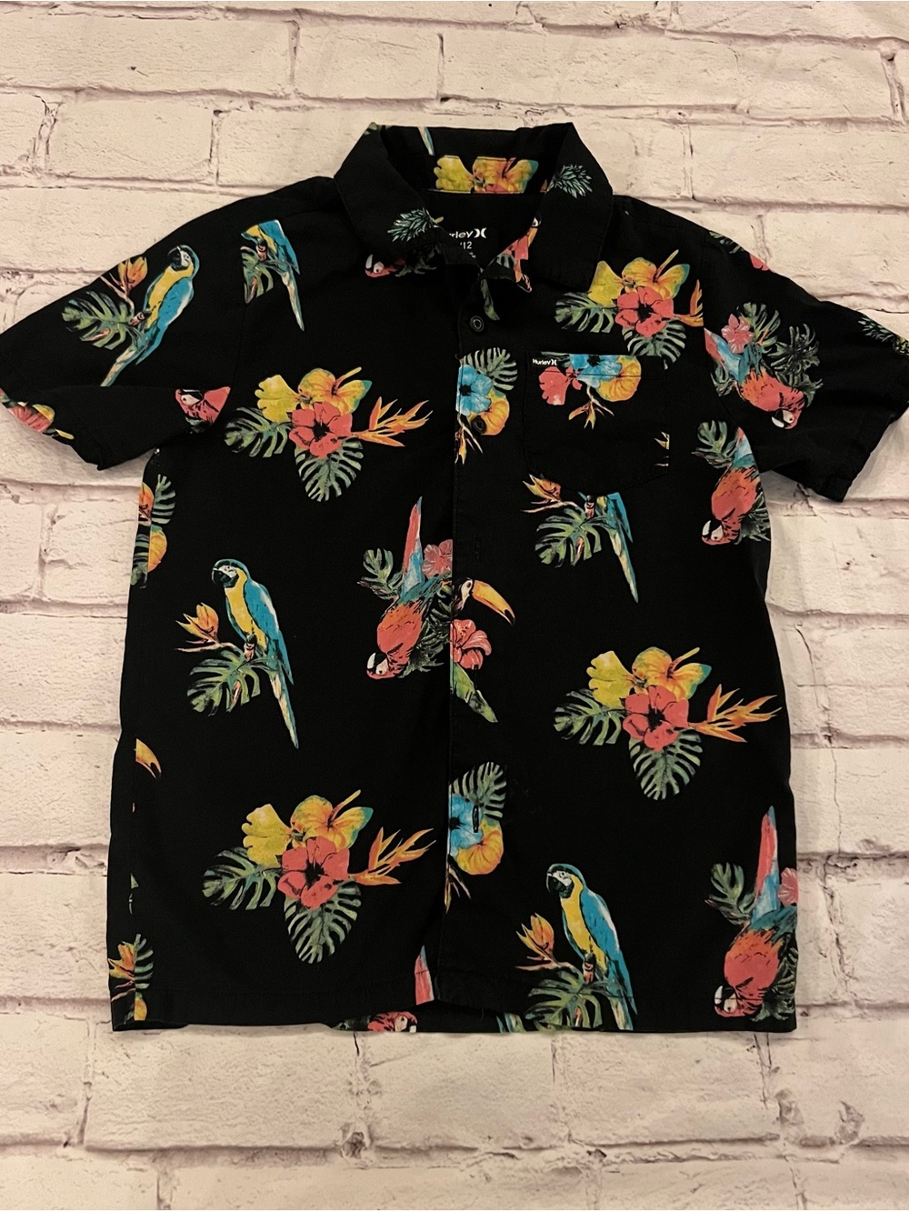 Hurley Black Short Sleeve Button-Down with Tropical Parrot Print